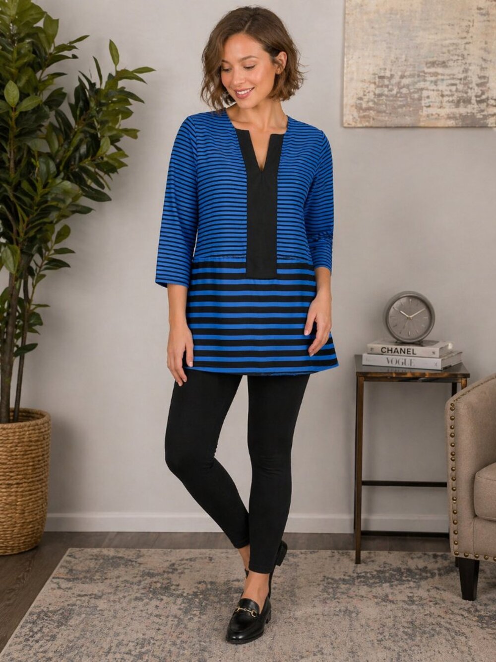 JEAN AIROLDI TUNIC TOP BOLD BLUE AND BLACK STRIPES  Aesthetic colorblock SIZE XS